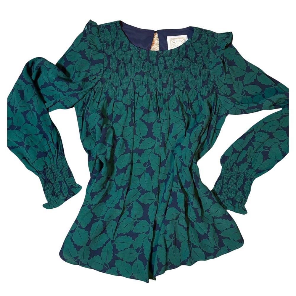 Sail to Sable STS Green‎ Navy Leaf Print Smocked Ruffle Blouse Top Small